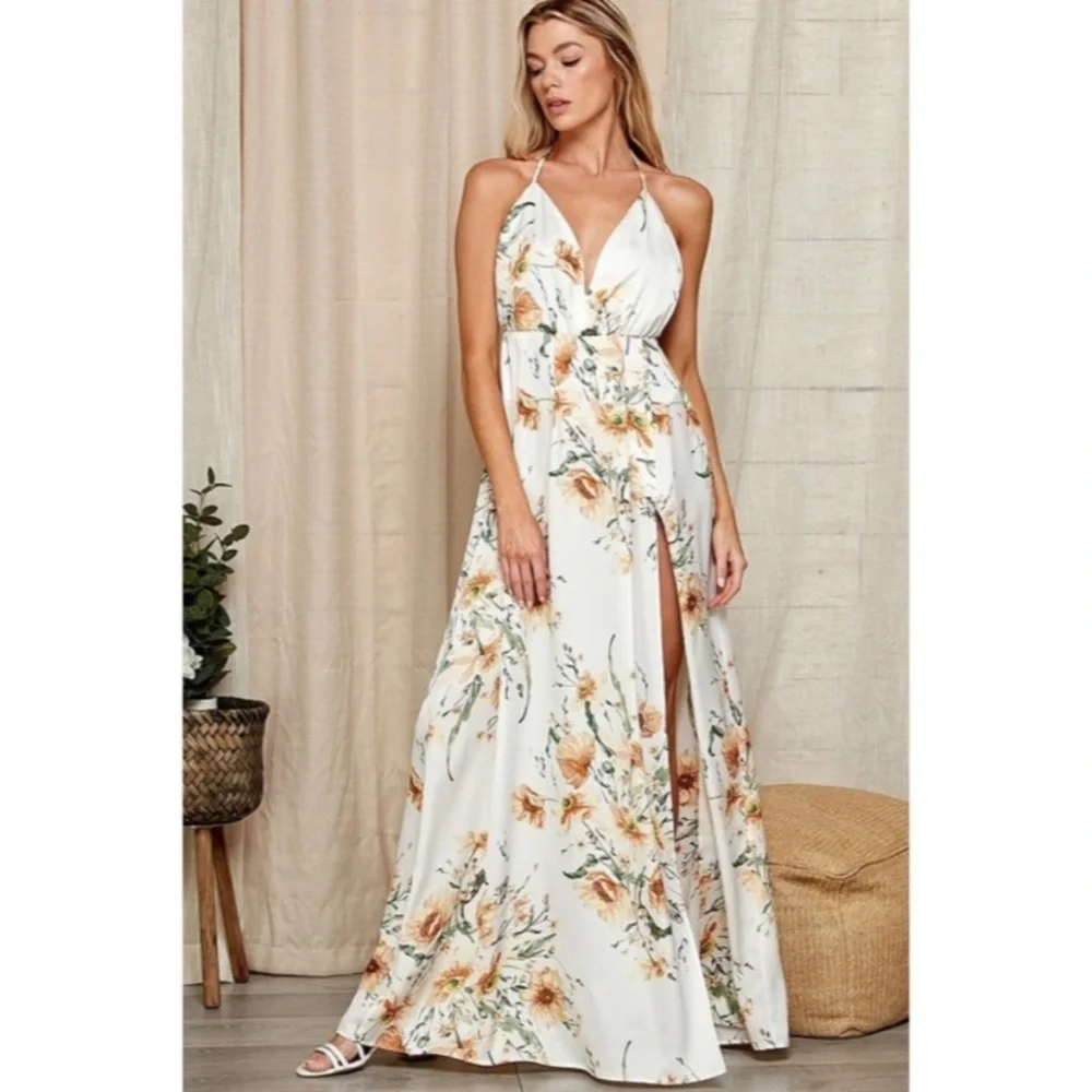 White Floral Print Halter Open Back Maxi Full Long Length Dress Gown W/ Slit - Picture 2 of 3